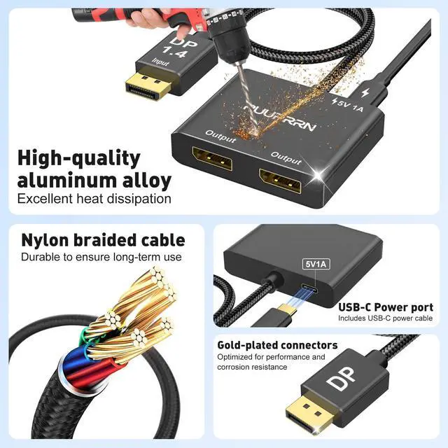 Alt view image 14 of 14 - 4K@60Hz DisplayPort to Dual DisplayPort Splitter Adapter, Display Port Splitter for Dual Monitors, DP 1.4 Splitter 1 in 2 Out, Displayport MST Hub for PC, Graphics Card, NVIDIA, AMD