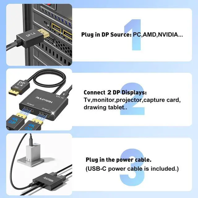 Alt view image 13 of 14 - 4K@60Hz DisplayPort to Dual DisplayPort Splitter Adapter, Display Port Splitter for Dual Monitors, DP 1.4 Splitter 1 in 2 Out, Displayport MST Hub for PC, Graphics Card, NVIDIA, AMD