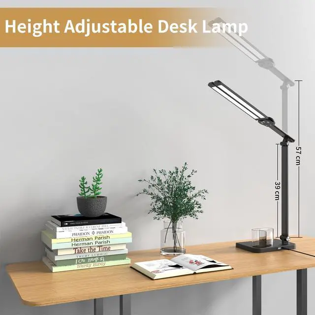 Alt view image 10 of 14 - LED Desk Lamp, Dual Heads, Height Adjustable, USB Charging Port, 5 Light Modes & Dimmable Brightness, Bedside Lamp for Reading, Craft, Work, Study (Black, 15W)