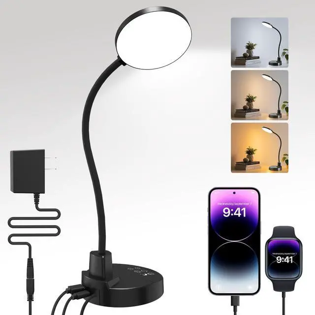 Alt view image 8 of 14 - 15W LED Desk Lamp with USB Charging Ports Dimmable Table Lamp with 3 Color Temps, 5 Brightness, 4 Timers, Flexible Gooseneck Light with Base, Eye-Caring Reading Light for Home Office, Bedroom, Study