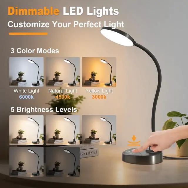 Alt view image 9 of 14 - 15W LED Desk Lamp with USB Charging Ports Dimmable Table Lamp with 3 Color Temps, 5 Brightness, 4 Timers, Flexible Gooseneck Light with Base, Eye-Caring Reading Light for Home Office, Bedroom, Study