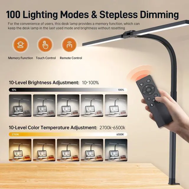 Alt view image 10 of 14 - LED Desk Lamp for Home Office, Eye-Caring Desk Light with Clamp, 24W Double Head Architect Task Lamp Stepless Dimming, Flexible Gooseneck Bright Table Lamp for Study Reading Workbench Drafting