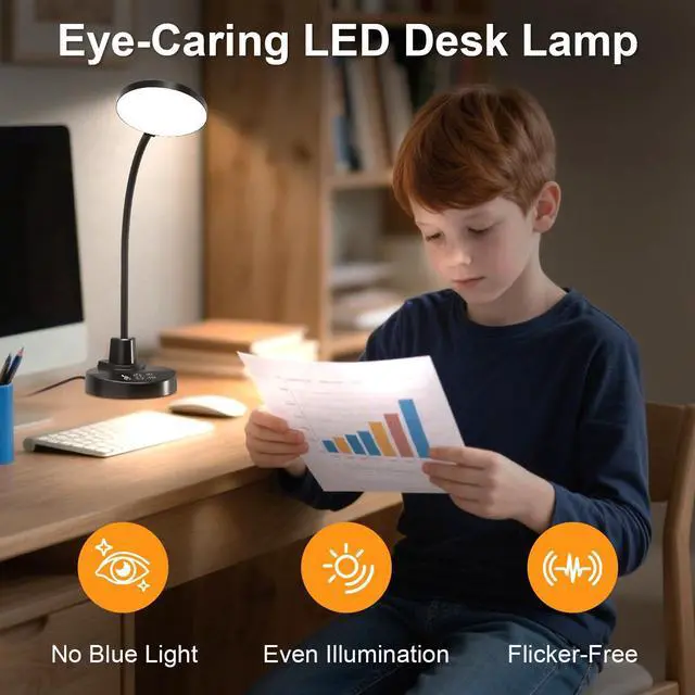 Alt view image 10 of 14 - 15W LED Desk Lamp with USB Charging Ports Dimmable Table Lamp with 3 Color Temps, 5 Brightness, 4 Timers, Flexible Gooseneck Light with Base, Eye-Caring Reading Light for Home Office, Bedroom, Study