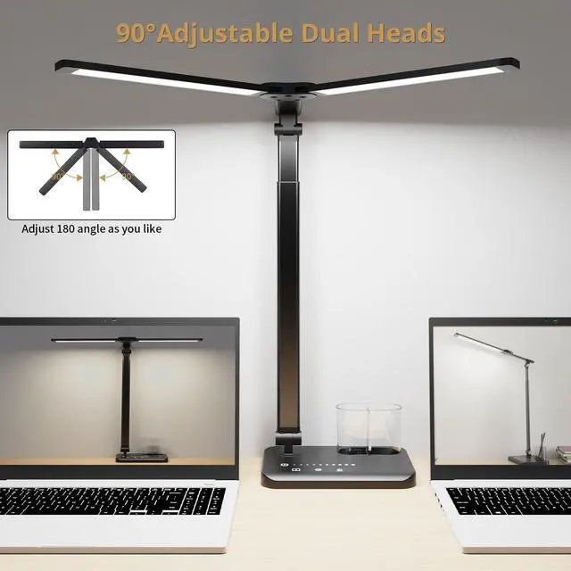 Alt view image 11 of 14 - LED Desk Lamp, Dual Heads, Height Adjustable, USB Charging Port, 5 Light Modes & Dimmable Brightness, Bedside Lamp for Reading, Craft, Work, Study (Black, 15W)
