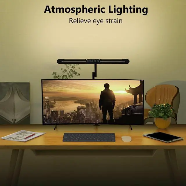 Alt view image 11 of 12 - Led Desk Lamp with Clamp, Architect Desk Lamp for Home Office with Atmosphere Lighting, 24W Ultra Bright Auto Dimming Computer Light Stepless Dimming and Tempering LED Table Light