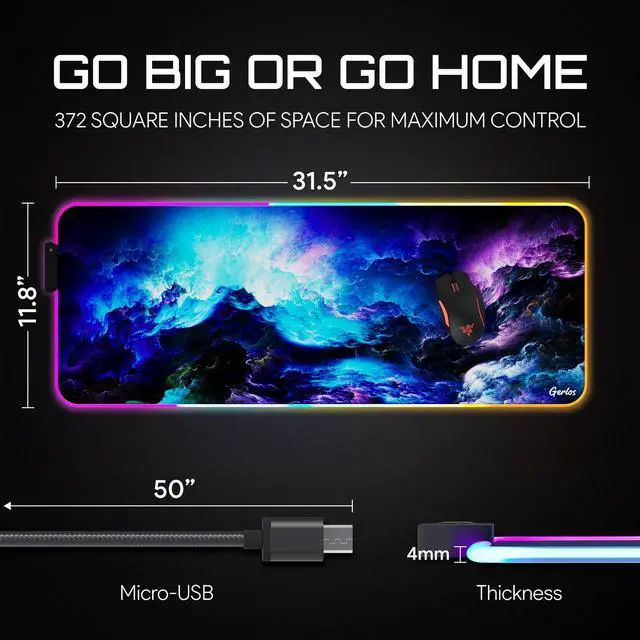 Alt view image 10 of 14 - RGB Gaming Mouse Pad, Large Extended LED Desk Mat with 12 Light Modes, Non-Slip Rubber Base, Water-Resistant, 31.5×11.8 Inch