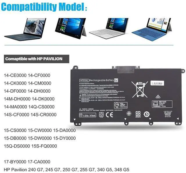 Alt view image 8 of 12 - HT03XL Battery for HP Pavilion 14 14-CE 14-CF 14-CM 14M-DH 14-DQ 14-FQ:14m-dh1003dx 14-dq0040nr 14-cf2112wm cf1015cl 15-CW 15-DA 15-DB 15-DW 15-EF 17-BY 17-CA HSTNN-DB8R DB8S IB80 IB8O LB8L LB8M UB7J