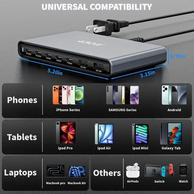 Alt view image 11 of 14 - 430W USB C Charger Block Charging Station,Apple 7 Port Fast Charging Block with Dual 100W USBC Multiport Adapter TypeC & USBA Desktop Charger for iPhone17/16/15/14/13/Pro Max/MacBook Pro/Air/iPad