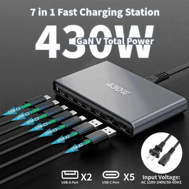 Alt view image 9 of 14 - 430W USB C Charger Block Charging Station,Apple 7 Port Fast Charging Block with Dual 100W USBC Multiport Adapter TypeC & USBA Desktop Charger for iPhone17/16/15/14/13/Pro Max/MacBook Pro/Air/iPad