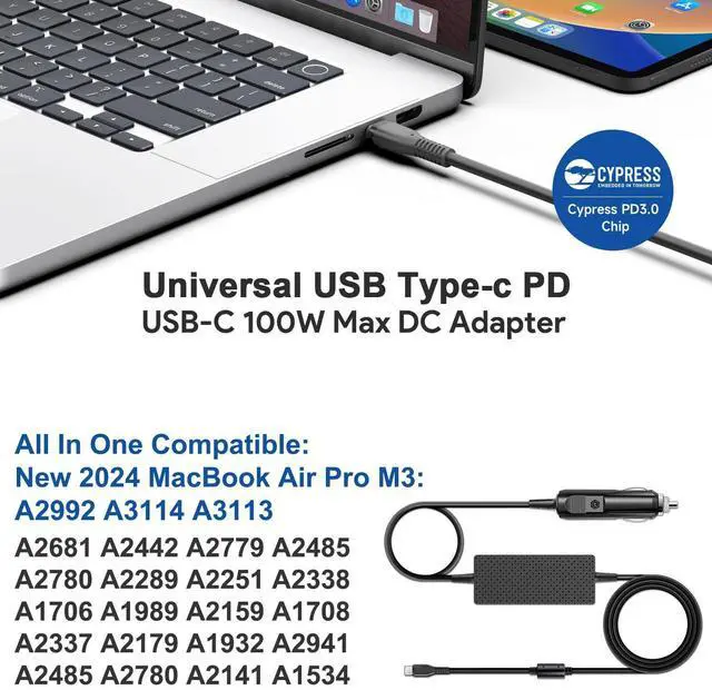 Alt view image 10 of 14 - Laptop Car Charger USB C PD 100W 95W 90W 65W 45W DC Adapter for Lenovo Thinkpad/Yoga/IdeaPad,Dell Latitude/XPS,LG Gram,MacBook Pro/Air,HP Spectre/Elitebook,Surface,Acer,Asus,MSI,Chromebook Charger