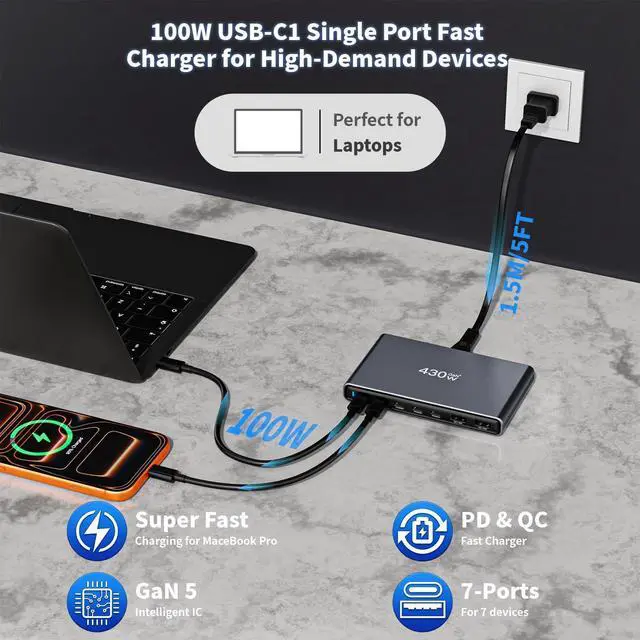 Alt view image 10 of 14 - 430W USB C Charger Block Charging Station,Apple 7 Port Fast Charging Block with Dual 100W USBC Multiport Adapter TypeC & USBA Desktop Charger for iPhone17/16/15/14/13/Pro Max/MacBook Pro/Air/iPad