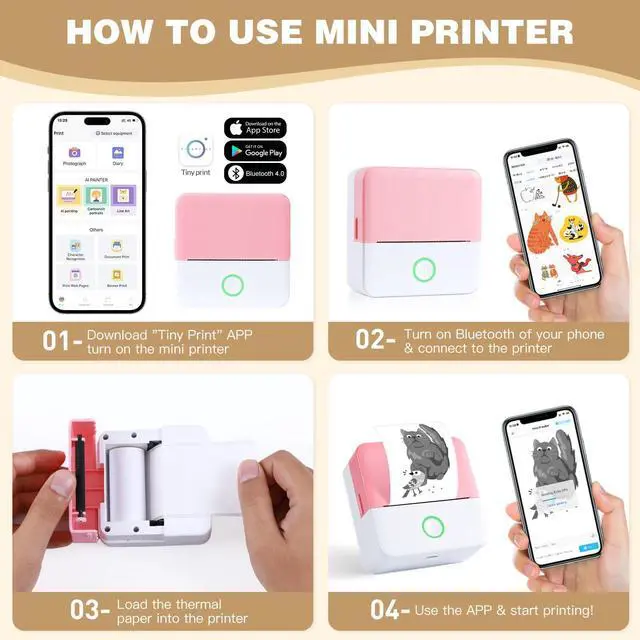 Alt view image 13 of 14 - Mini Printer, Sticker Printer with 10 Rolls Thermal Printing Paper, Inkless Pocket Printpod for Phone, Impresora Portátil for Notes, DIY, Compatible with iOS & Android (Pink)