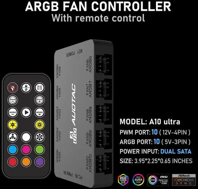 Alt view image 13 of 14 - ARGB Controller PWM Fan Hub with RF Remote, (Connect Ten Case Fans, 5V 3Pin ARGB & 12V 4Pin PWM Fan Connector, Dual SATA Power Input, Magnetic Suction), Black