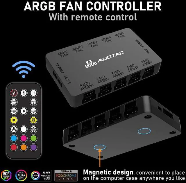 Alt view image 12 of 14 - ARGB Controller PWM Fan Hub with RF Remote, (Connect Ten Case Fans, 5V 3Pin ARGB & 12V 4Pin PWM Fan Connector, Dual SATA Power Input, Magnetic Suction), Black