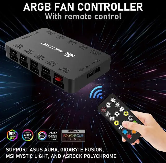 Alt view image 14 of 14 - ARGB Controller PWM Fan Hub with RF Remote, (Connect Ten Case Fans, 5V 3Pin ARGB & 12V 4Pin PWM Fan Connector, Dual SATA Power Input, Magnetic Suction), Black