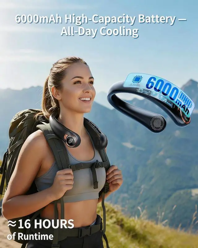 Alt view image 10 of 14 - Portable Neck Fan, 6000mAh Rechargeable - 360° Strong Airflow, Blows Cold Air with LED Display, 4 Speeds, 16H Runtime, Quiet Wearable Personal Cooling Fan for Outdoor Travel Work Gym (Raven Black)
