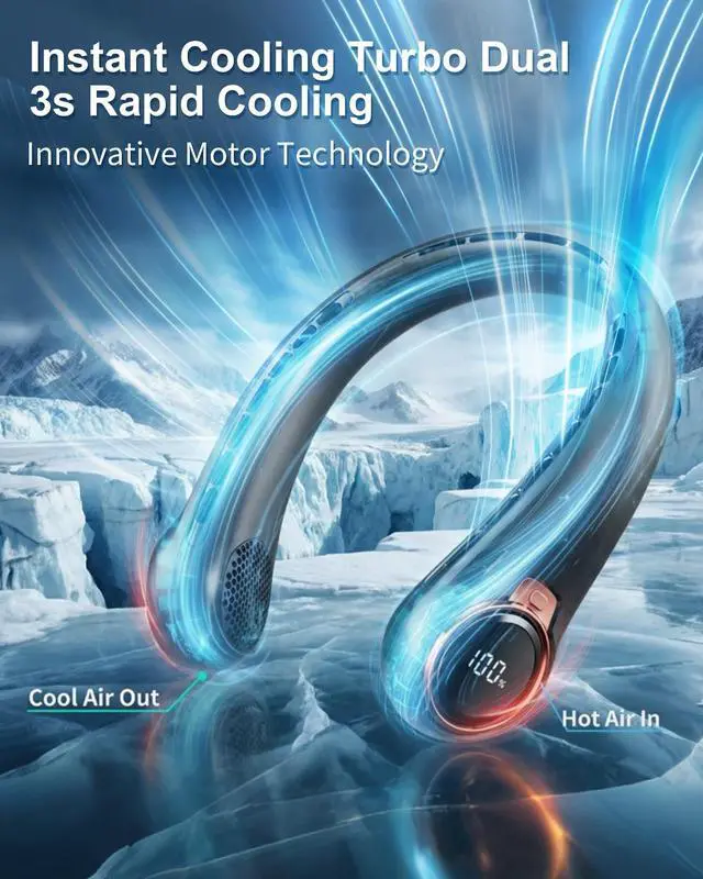 Alt view image 9 of 14 - Portable Neck Fan, 6000mAh Rechargeable - 360° Strong Airflow, Blows Cold Air with LED Display, 4 Speeds, 16H Runtime, Quiet Wearable Personal Cooling Fan for Outdoor Travel Work Gym (Raven Black)