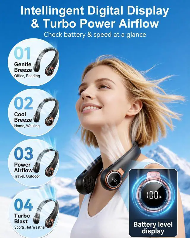 Alt view image 11 of 14 - Portable Neck Fan, 6000mAh Rechargeable - 360° Strong Airflow, Blows Cold Air with LED Display, 4 Speeds, 16H Runtime, Quiet Wearable Personal Cooling Fan for Outdoor Travel Work Gym (Raven Black)