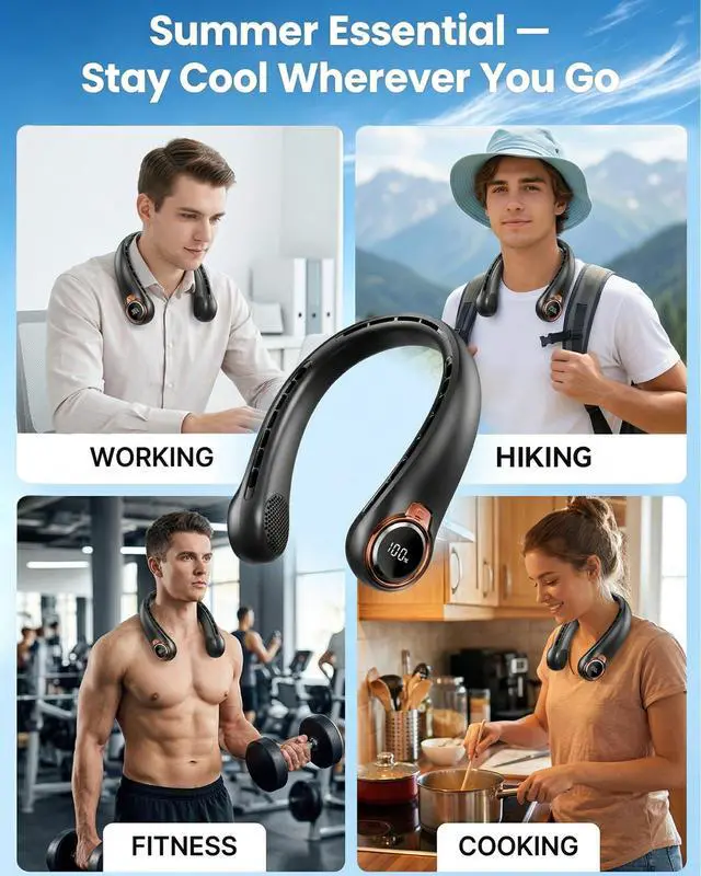 Alt view image 14 of 14 - Portable Neck Fan, 6000mAh Rechargeable - 360° Strong Airflow, Blows Cold Air with LED Display, 4 Speeds, 16H Runtime, Quiet Wearable Personal Cooling Fan for Outdoor Travel Work Gym (Raven Black)