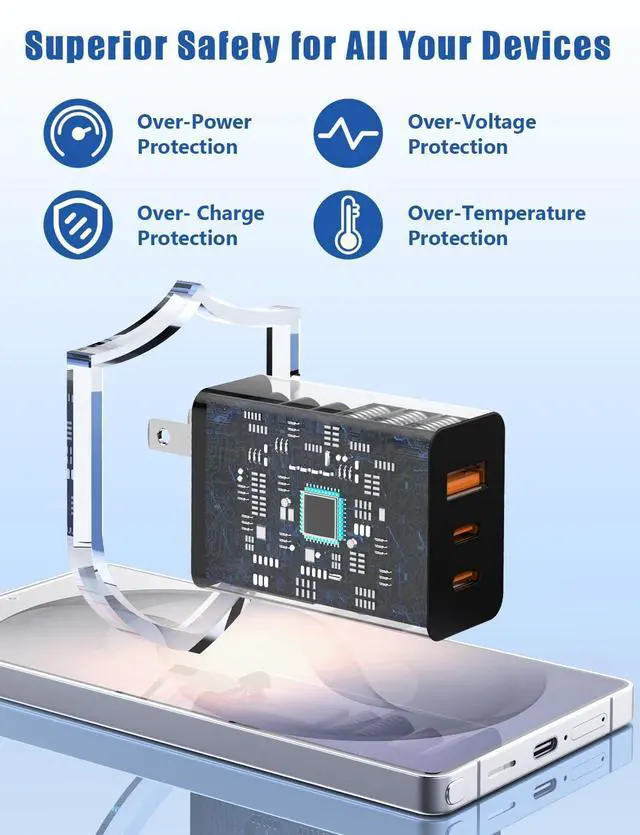Alt view image 10 of 14 - 65W USB C Wall Charger for Samsung S26 Ultra,3 Port 100W PD Quick 3.0 Type C Charging with 3/6/10/10FT USB C Cable for Samsung Galaxy S26+/S25/S24/S23 Ultra/S22/S21/S20/Android Phones