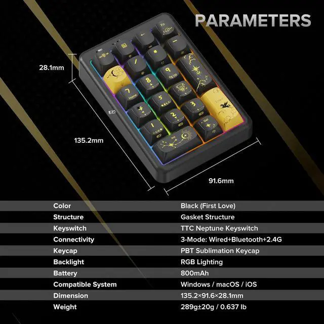 Alt view image 13 of 14 - NumberPad,21Keys HotSwappable Numpad,Bluetooth5.0/2.4G/Type-C Wireless Numeric Keypad,Rechargeable Number keypad,RGB Gasket Structure Mechanical Keyboard with PBT Keycap for PC Laptop Notebook (Black)