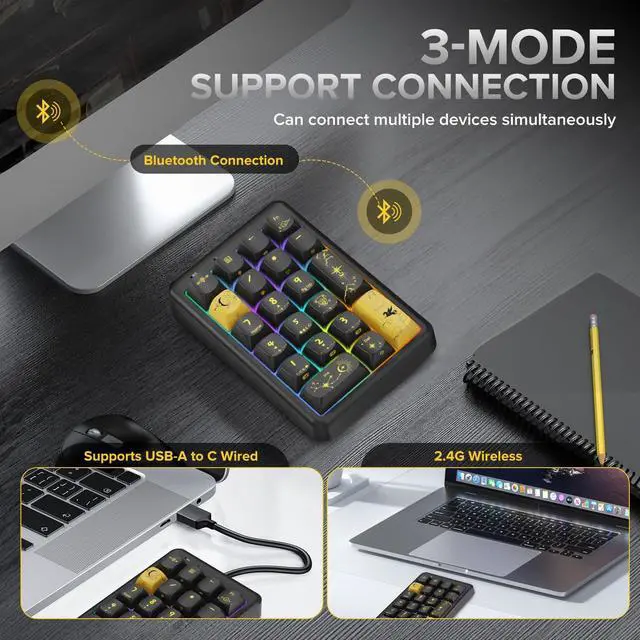 Alt view image 12 of 14 - NumberPad,21Keys HotSwappable Numpad,Bluetooth5.0/2.4G/Type-C Wireless Numeric Keypad,Rechargeable Number keypad,RGB Gasket Structure Mechanical Keyboard with PBT Keycap for PC Laptop Notebook (Black)