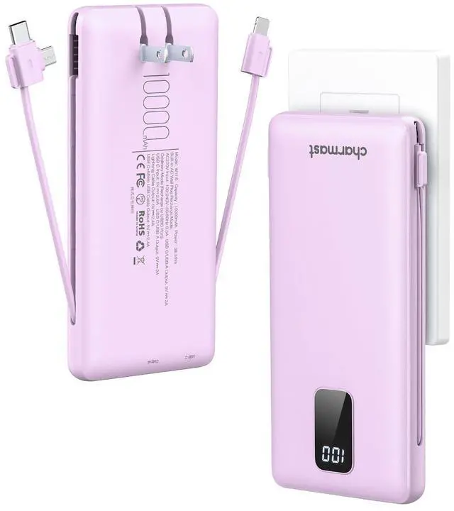 Alt view image 8 of 14 - Portable Charger with Built-in Cables & Wall Plug, 10000mAh Portable Power Bank, External Battery Pack Travel Essentials Compatible with iPhone 16/15/14/13, Samsung, iPad etc