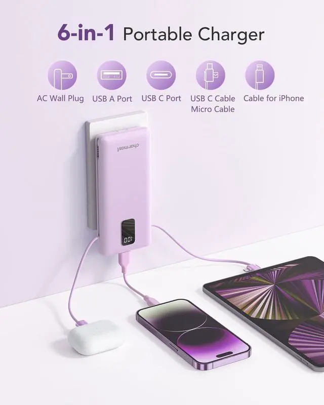 Alt view image 9 of 14 - Portable Charger with Built-in Cables & Wall Plug, 10000mAh Portable Power Bank, External Battery Pack Travel Essentials Compatible with iPhone 16/15/14/13, Samsung, iPad etc