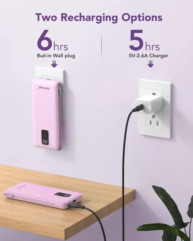 Alt view image 12 of 14 - Portable Charger with Built-in Cables & Wall Plug, 10000mAh Portable Power Bank, External Battery Pack Travel Essentials Compatible with iPhone 16/15/14/13, Samsung, iPad etc