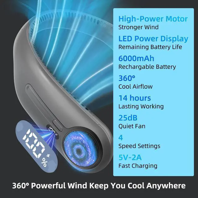 Alt view image 10 of 14 - Portable Neck Fan,Hands Free Personal Wearable Bladeless Fan,6000mAh USB Rechargeable,360° Cooling,LED Display,4-Speeds,Birthday Gifts for Men Women Dad Mom,Fathers Day,Mothers Day Gifts (Dark grey)