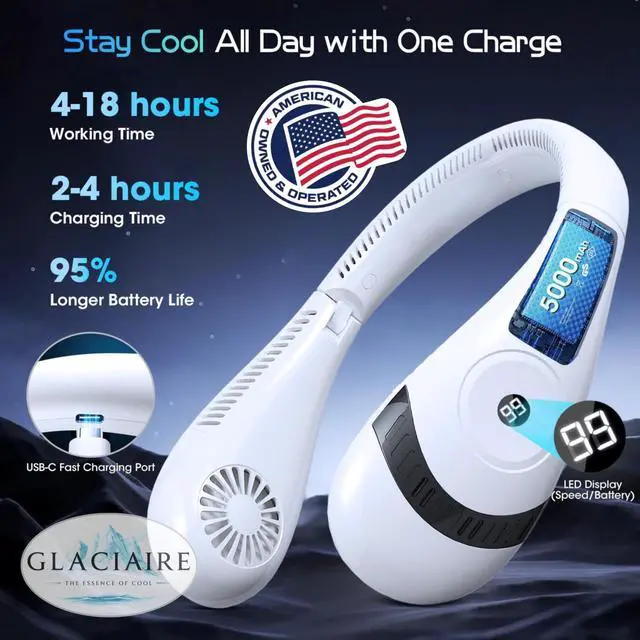 Alt view image 10 of 14 - Neck Cooling Fan Foldable Bladeless 5000mAh Portable Neck Air Conditioner with LED Display, Quiet 3Speed USBC Rechargeable HandsFree Fan Around Neck White
