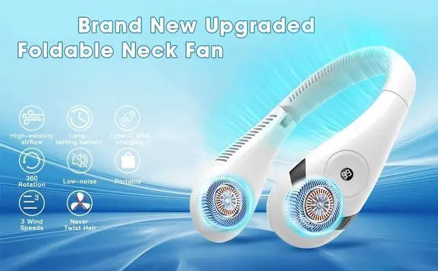 Alt view image 13 of 14 - Neck Cooling Fan Foldable Bladeless 5000mAh Portable Neck Air Conditioner with LED Display, Quiet 3Speed USBC Rechargeable HandsFree Fan Around Neck White