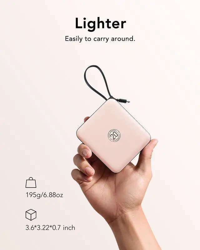Alt view image 12 of 14 - Portable Charger for iPhone Built-in Cables, 22.5W USB C Fast Charging 10000mAh Pocket Power Bank, Battery Pack for iPhone 17 16 & Samsung Galaxy S26 S25 etc Android, Pink(1 Pack)