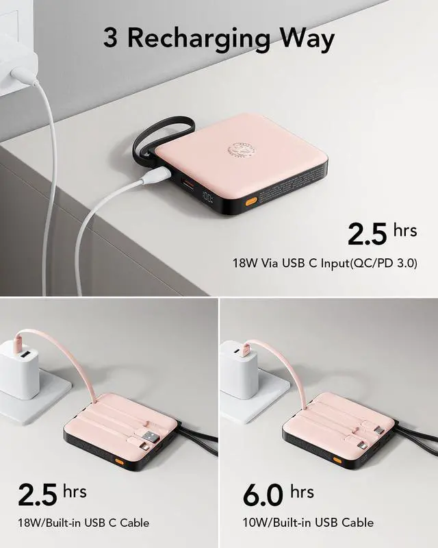 Alt view image 14 of 14 - Portable Charger for iPhone Built-in Cables, 22.5W USB C Fast Charging 10000mAh Pocket Power Bank, Battery Pack for iPhone 17 16 & Samsung Galaxy S26 S25 etc Android, Pink(1 Pack)