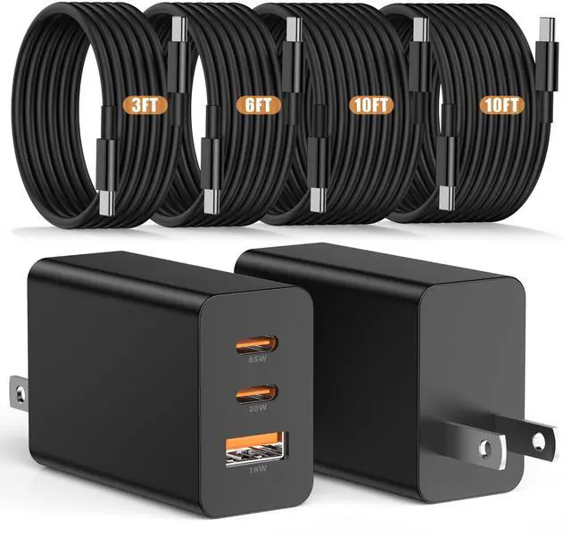 Alt view image 8 of 14 - 65W USB C Wall Charger for Samsung S26 Ultra,3 Port 100W PD Quick 3.0 Type C Charging with 3/6/10/10FT USB C Cable for Samsung Galaxy S26+/S25/S24/S23 Ultra/S22/S21/S20/Android Phones