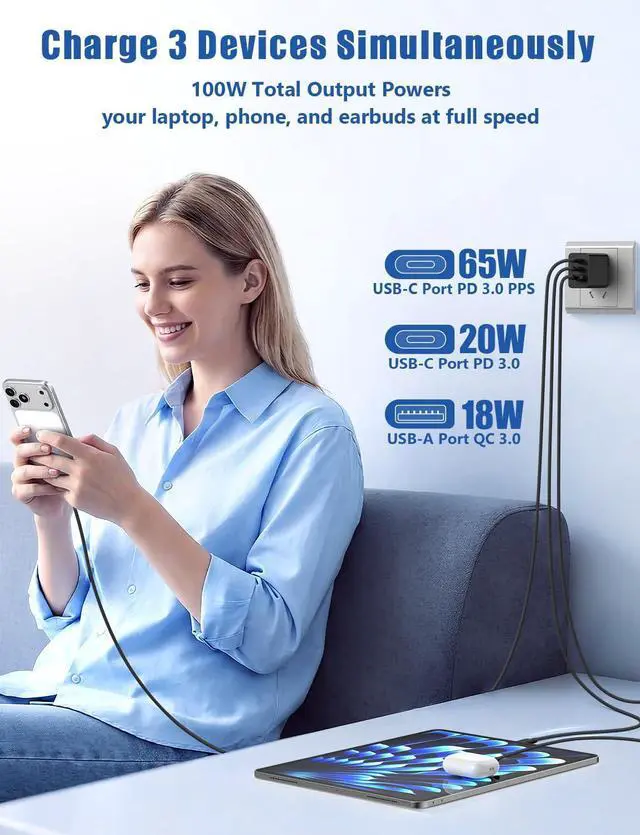 Alt view image 11 of 14 - 65W USB C Wall Charger for Samsung S26 Ultra,3 Port 100W PD Quick 3.0 Type C Charging with 3/6/10/10FT USB C Cable for Samsung Galaxy S26+/S25/S24/S23 Ultra/S22/S21/S20/Android Phones