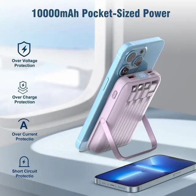 Alt view image 13 of 14 - Wireless Portable Charger 10000mAh,Magnetic Power Bank with Built-in Cables LED Display,22.5W PD Fast Charging for Magsafe Battery Pack Compatible with iPhone16/15/14/13/12/Pro/Pro Max(Purple)