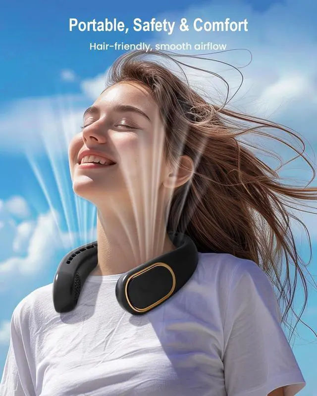 Alt view image 9 of 14 - Portable Neck Fan - 5000mAh Rechargeable Hands-Free Wearable Fan | 4 Speeds, Bladeless & LED Display | Personal Cooling Fan for Travel, Outdoors, Camping - Black