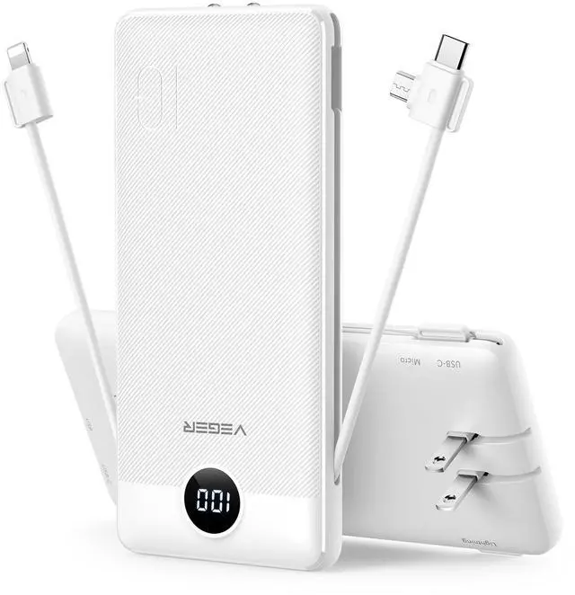 Alt view image 8 of 14 - Portable Charger with Built-in AC Plug and Cables, All in One 10000mAh Ultra Slim Power Bank Travel Essentials, Fast Charging Battery Pack Compatible with iPhone, Samsung, Android (White)