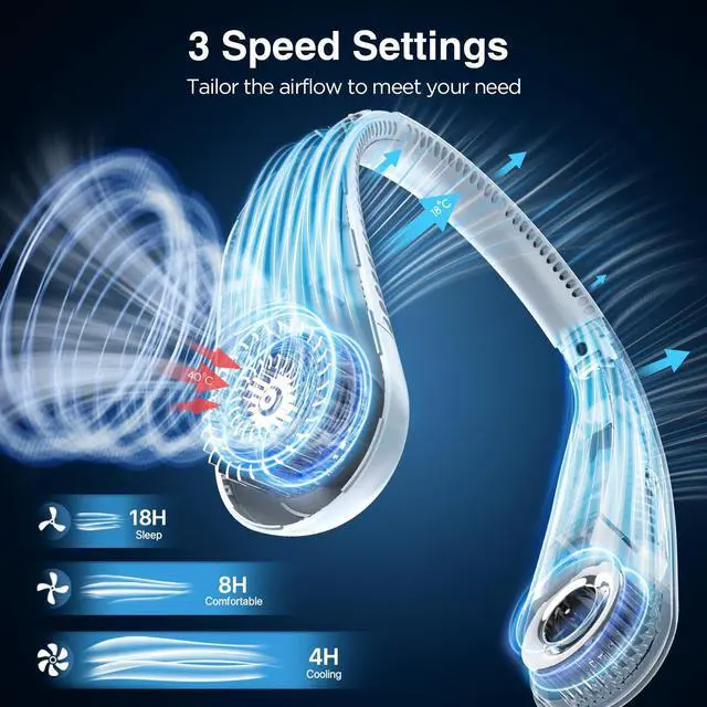 Alt view image 11 of 14 - Neck Fan, Hands Free Bladeless Neck Fans Portable Rechargeable, 6000 mAh Battery Operated Wearable Personal Fan, Cooling Neck Fan, 3 Speeds, USB Fan Gifts for Men, Women, Travel, Outdoor