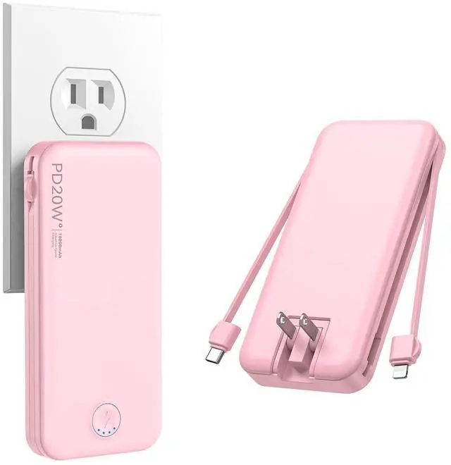 Alt view image 8 of 14 - Portable Charger, 10000mAh PD20W Fast Charging Power Bank with Built-in Cables & Wall Plug, Travel Essentials External Battery Pack, USB C Battery Phone Charger for iPhone, iPad, Samsung Pink