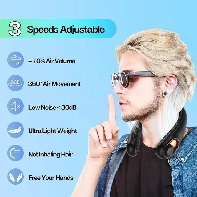 Alt view image 9 of 14 - Neck Fan, Portable Bladeless Neck Fans, Upgrade 360° Airflow, Super Quiet, 3 Speeds, 4000mAh Personal Wearable Neck Fan, Upgraded Cooling Air Volume USB Rechargeable Hands Free Fan