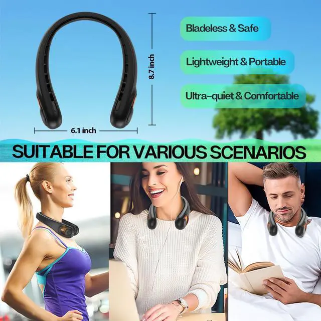 Alt view image 13 of 14 - Neck Fan, Portable Bladeless Neck Fans, Upgrade 360° Airflow, Super Quiet, 3 Speeds, 4000mAh Personal Wearable Neck Fan, Upgraded Cooling Air Volume USB Rechargeable Hands Free Fan