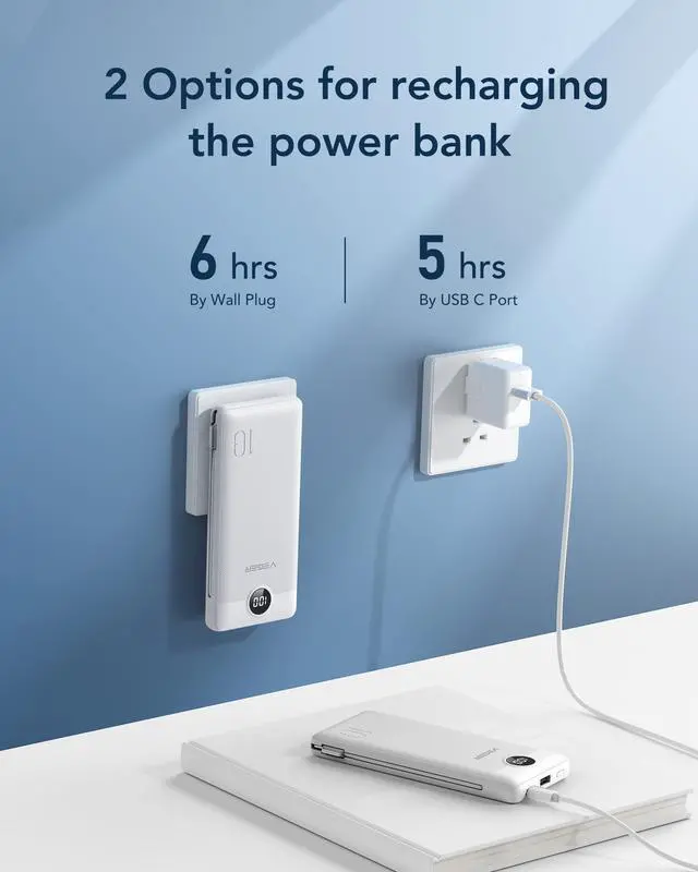 Alt view image 11 of 14 - Portable Charger with Built-in AC Plug and Cables, All in One 10000mAh Ultra Slim Power Bank Travel Essentials, Fast Charging Battery Pack Compatible with iPhone, Samsung, Android (White)