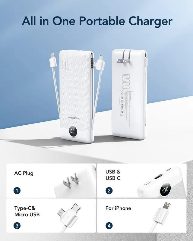 Alt view image 9 of 14 - Portable Charger with Built-in AC Plug and Cables, All in One 10000mAh Ultra Slim Power Bank Travel Essentials, Fast Charging Battery Pack Compatible with iPhone, Samsung, Android (White)