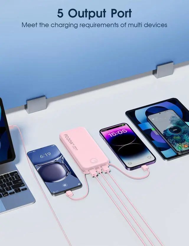Alt view image 13 of 14 - Portable Charger, 10000mAh PD20W Fast Charging Power Bank with Built-in Cables & Wall Plug, Travel Essentials External Battery Pack, USB C Battery Phone Charger for iPhone, iPad, Samsung Pink