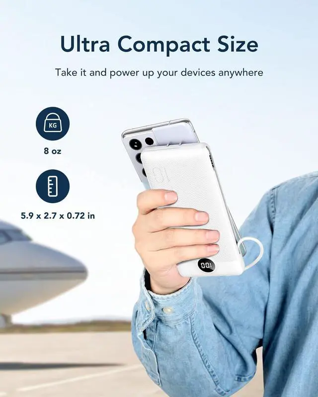 Alt view image 14 of 14 - Portable Charger with Built-in AC Plug and Cables, All in One 10000mAh Ultra Slim Power Bank Travel Essentials, Fast Charging Battery Pack Compatible with iPhone, Samsung, Android (White)