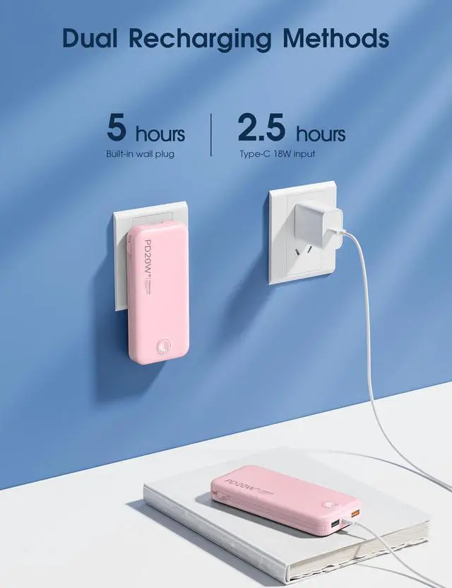 Alt view image 14 of 14 - Portable Charger, 10000mAh PD20W Fast Charging Power Bank with Built-in Cables & Wall Plug, Travel Essentials External Battery Pack, USB C Battery Phone Charger for iPhone, iPad, Samsung Pink