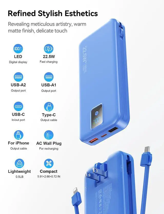 Alt view image 13 of 14 - Portable Charger, 12000mAh 22.5W Fast Charging Power Bank with Built-in Cables & Wall Plug, Travel Essentials Battery Pack with LED Display, USB C External Battery Bank for iPhone iPad, Samsung Navy