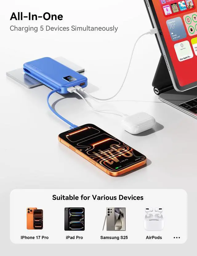 Alt view image 14 of 14 - Portable Charger, 12000mAh 22.5W Fast Charging Power Bank with Built-in Cables & Wall Plug, Travel Essentials Battery Pack with LED Display, USB C External Battery Bank for iPhone iPad, Samsung Navy